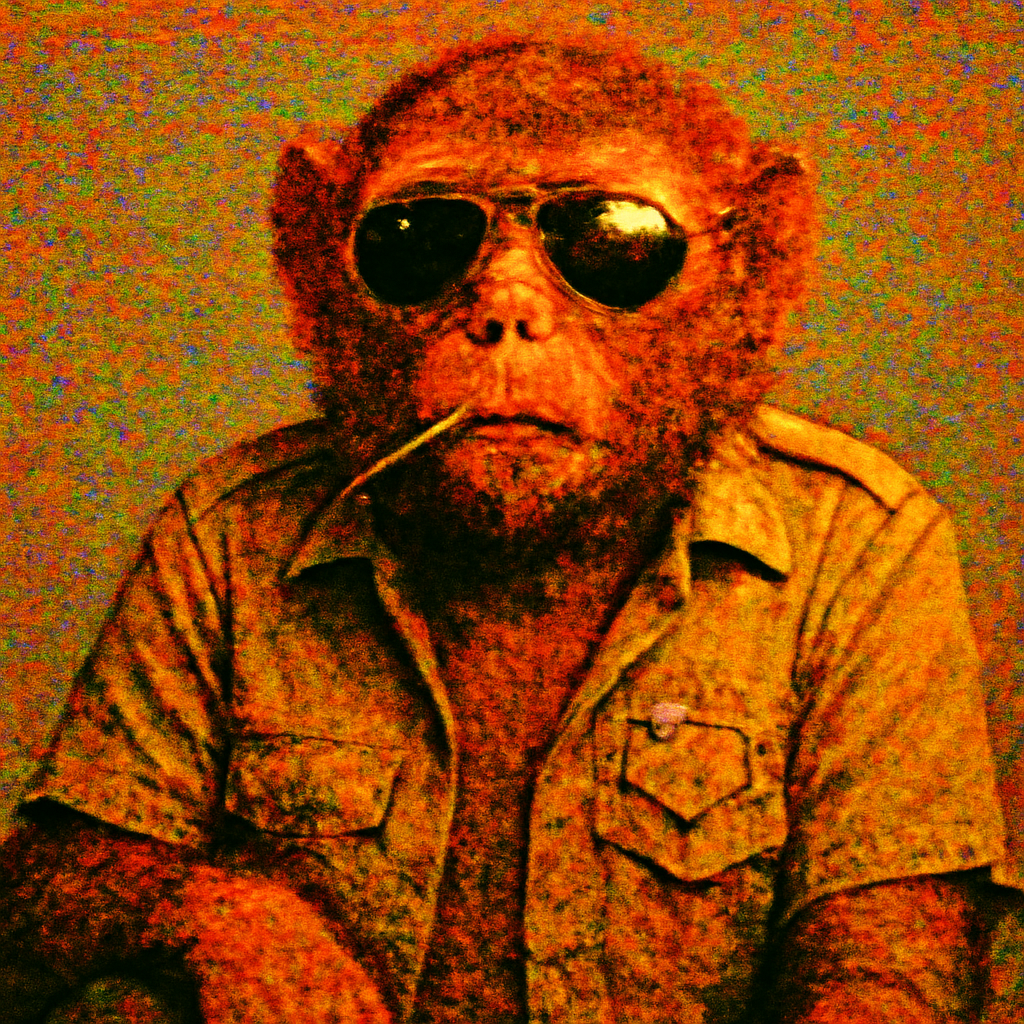A rhesus macaque wearing mirrored aviator sunglasses and a rumpled half unbuttoned police uniform shirt with a crooked brass badge, a wooden toothpick in the corner of his mouth, slouched with a checked out attitude, rendered as a deep fried degraded VHS surveillance still