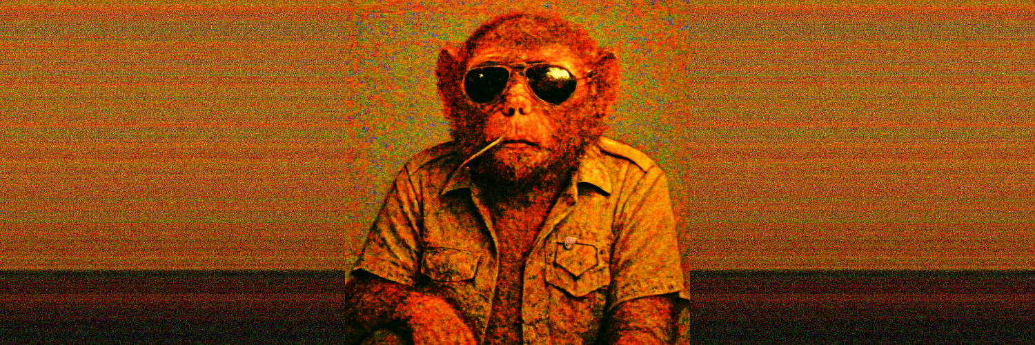 The same macaque cop slouched sideways in a beat up cop car with the door open, a crushed donut box on the dashboard, rendered in the same deep fried VHS surveillance style